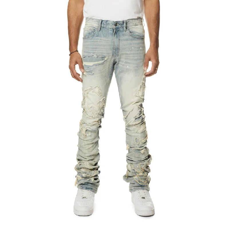 Elegant Straight-Leg Men's JeansStacked Cut and Sewn Rip Off Letter Applique Jeans - Seville Blue Elegant Straight-Leg Men's JeansStacked Cut and Sewn Rip Off Letter Applique Jeans - Seville Blue