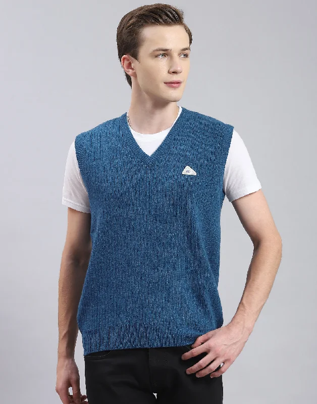 Fashionable Men's Crew-Neck SweatersMen Blue Solid V Neck Sleeveless Sweater